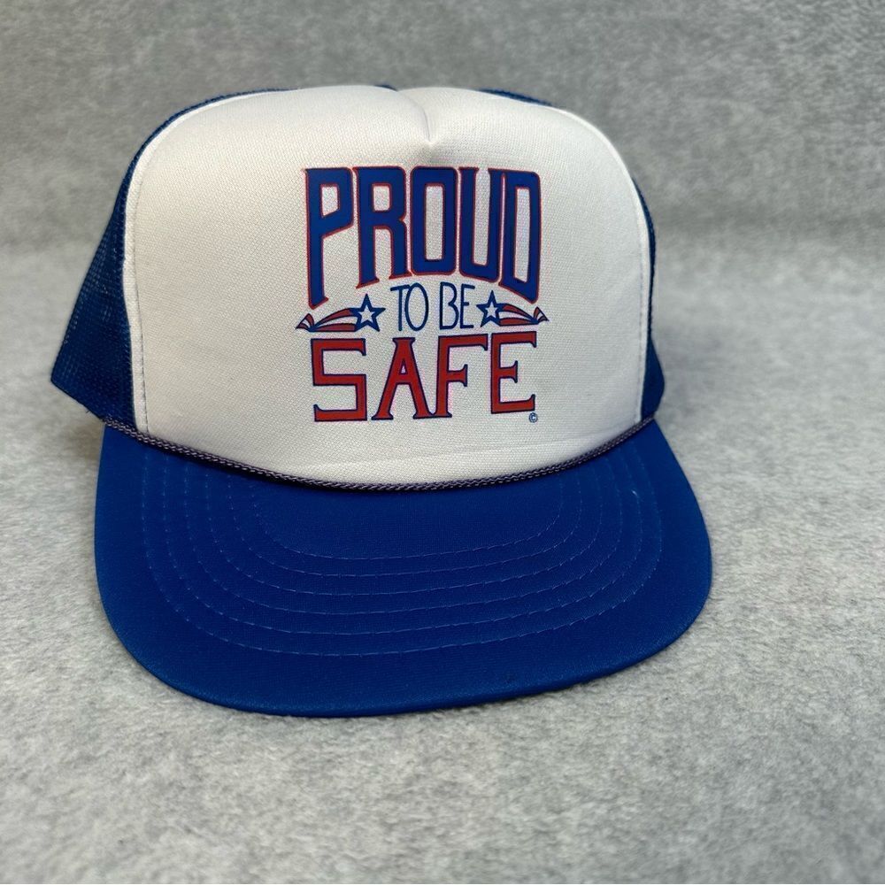 Proud To Be Safe Trucker Hat White Blue Mesh SnapBack Foam Rope Brim Foam Casual